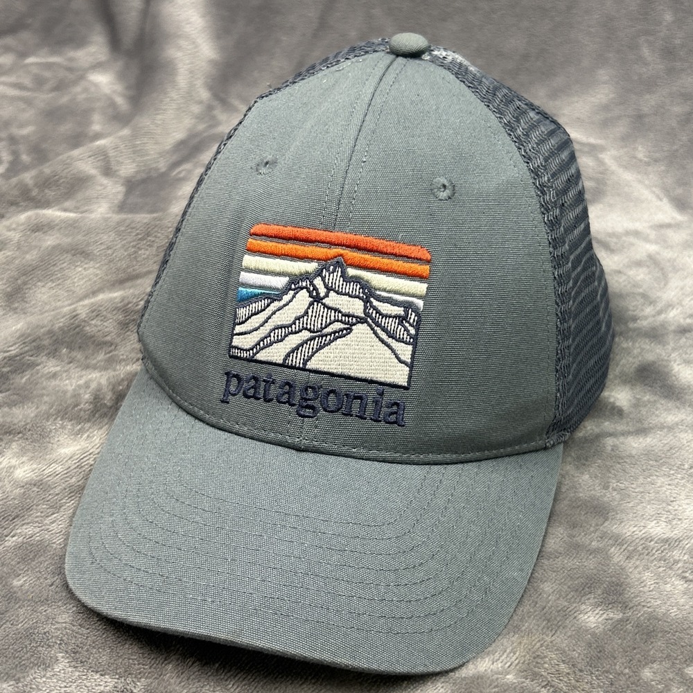 Patagonia Hat Cap Adjustable Brown Blue Embroidered Mesh Mens Mountains Work